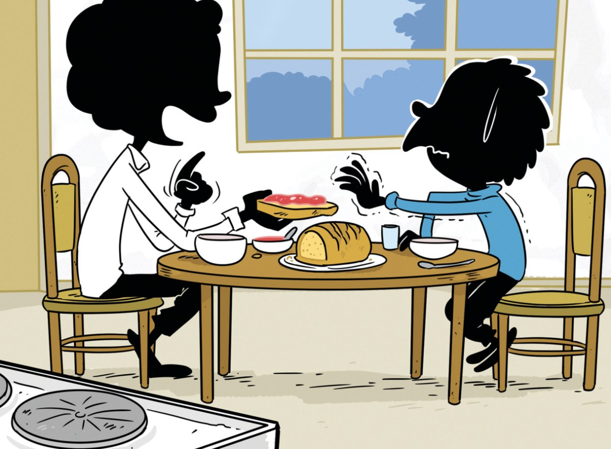 Un père et son fils à table pour le petit déjeuner, dessin de La Citadelle du petit Muslim