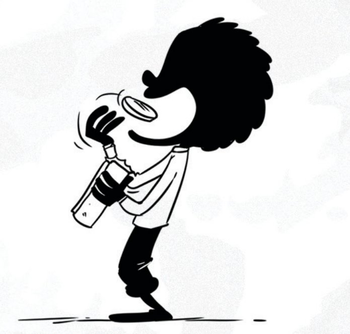 Personnage de La Citadelle du petit Muslim qui boit une gorgée d’eau en levant la bouteille, illustrant l’invocation Jazâka Llâhu khayran pour remercier une personne