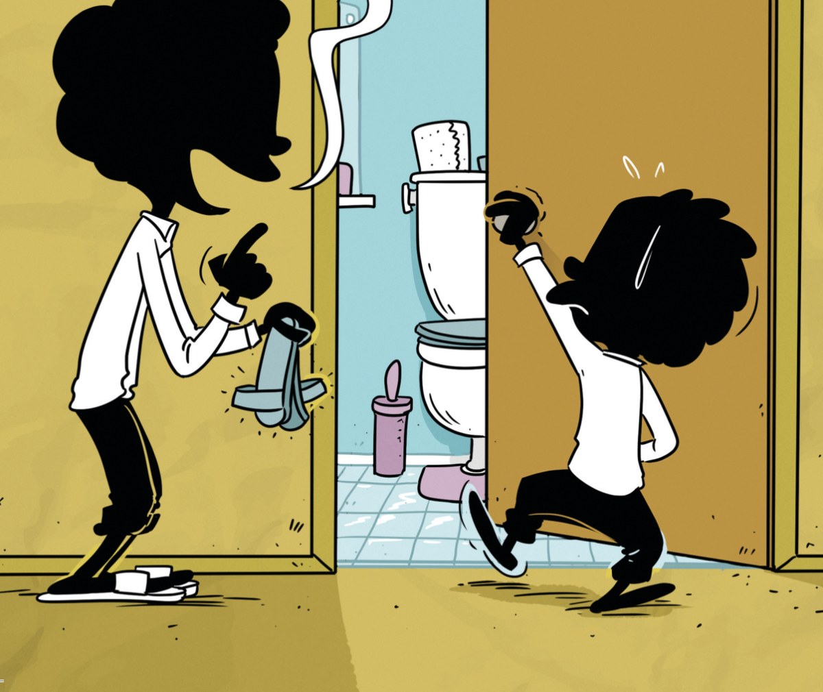 Un enfant entre aux toilettes pendant que son père lui rappelle de mettre ses sandales, dessin de La Citadelle du petit Muslim
